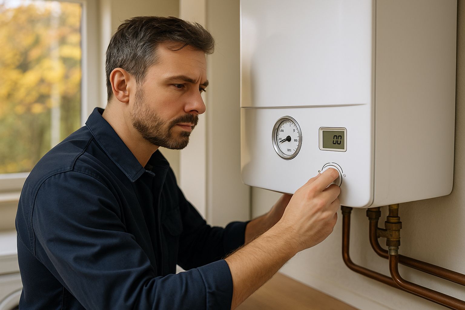 Technicien ajustant le réglage d’une chaudière murale affichant 1,2 bar, dans une buanderie baignée de lumière d’automne.