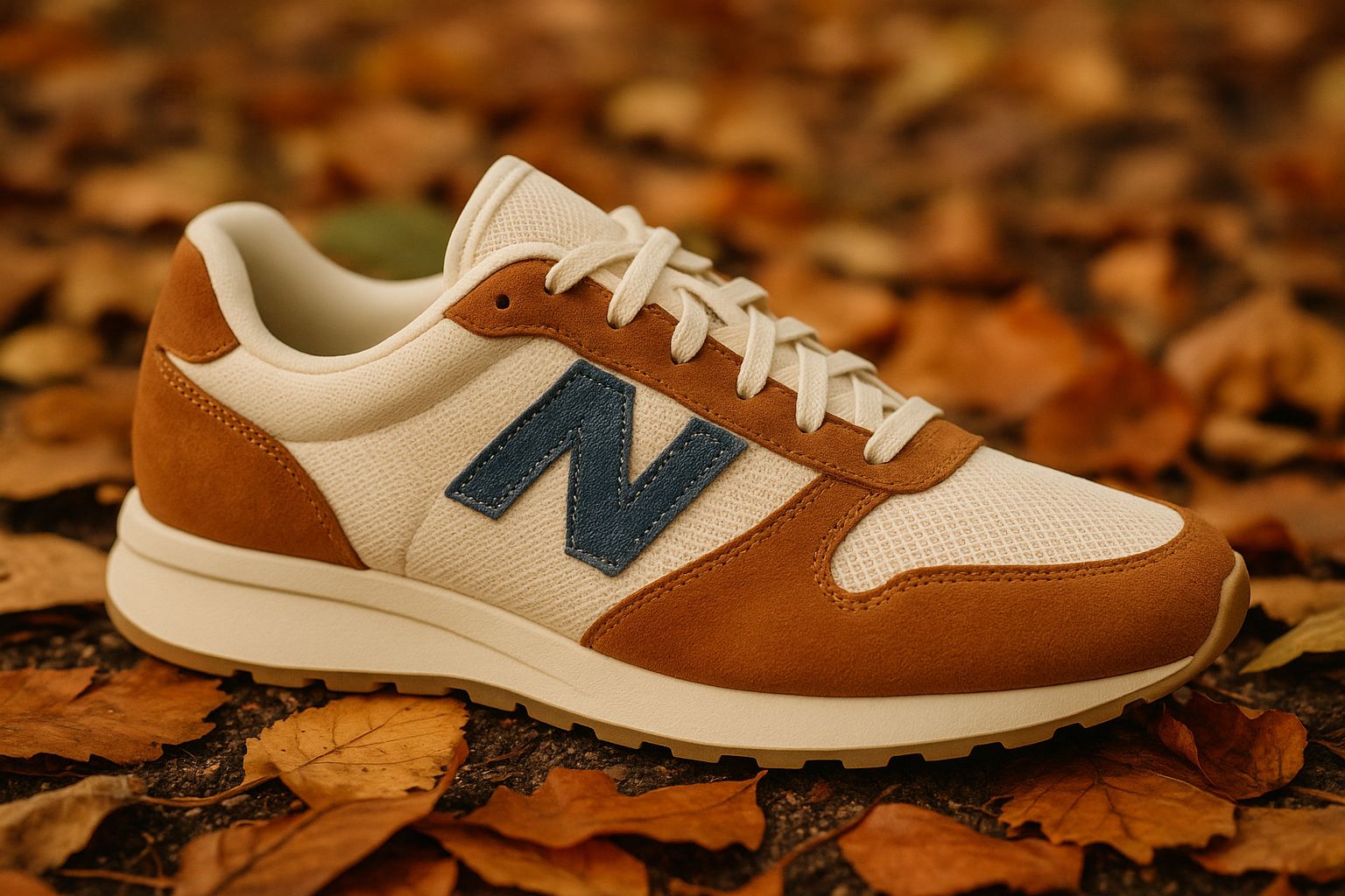 Sneakers Sézane x New Balance 471 posées sur des feuilles d’automne, empeigne crème, empiècements en suède brun, logo « N » en denim.