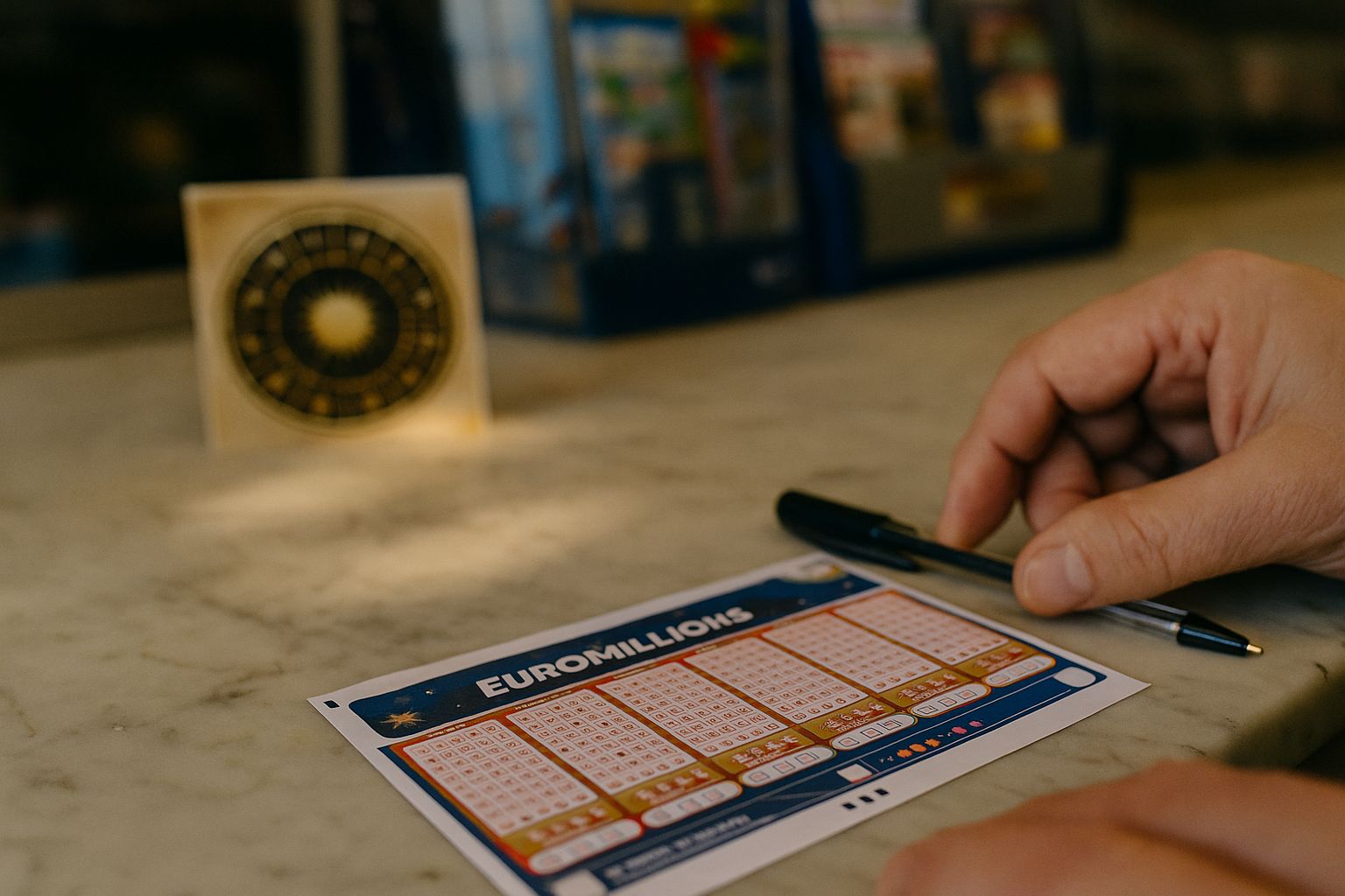 Main remplissant une grille EuroMillions sur un comptoir de bar-tabac, avec une roue du zodiaque floutée en arrière-plan
