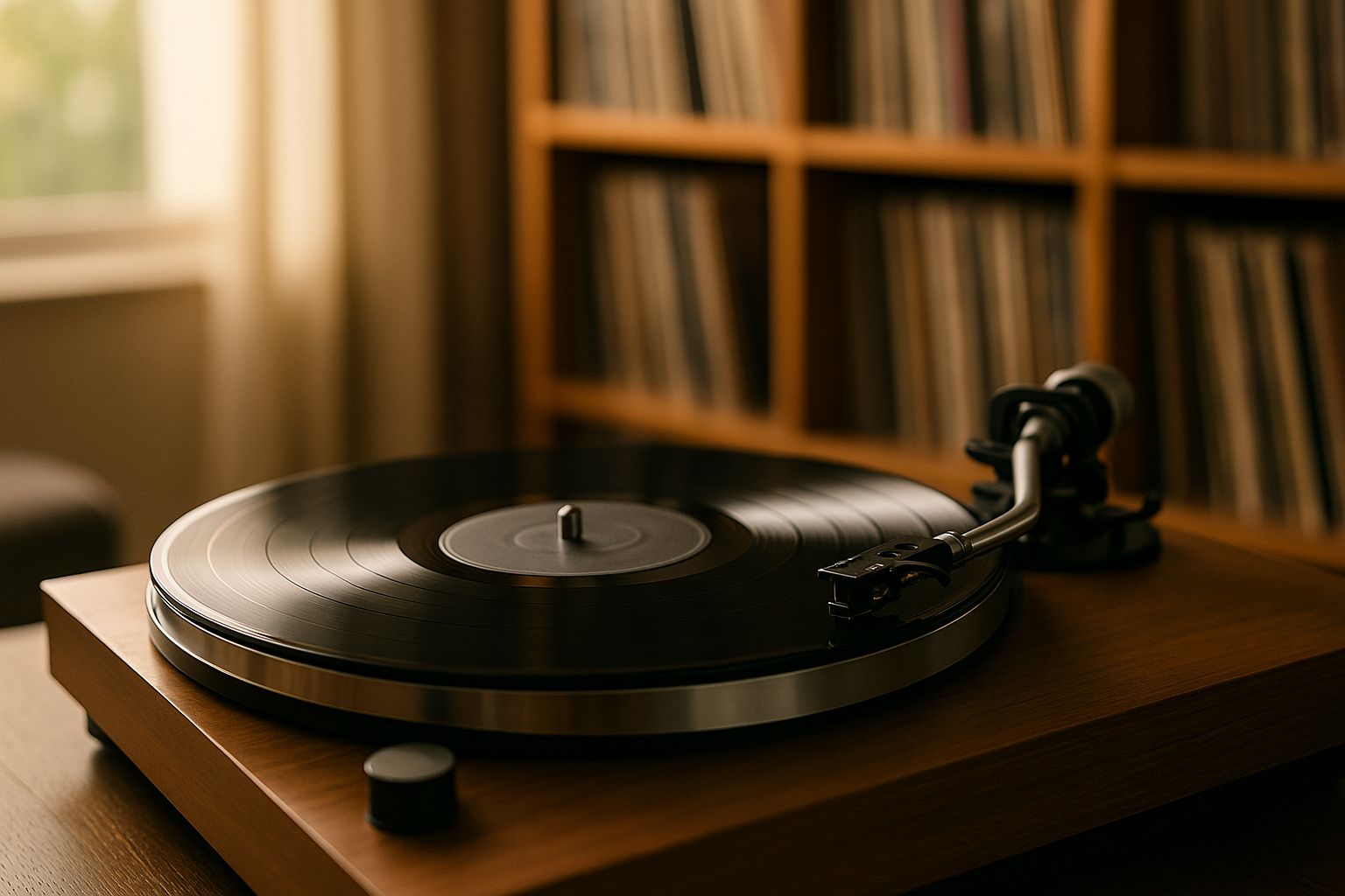 Bras de lecture posé sur un vinyle brillant, avec en arrière-plan une étagère floue remplie de disques.