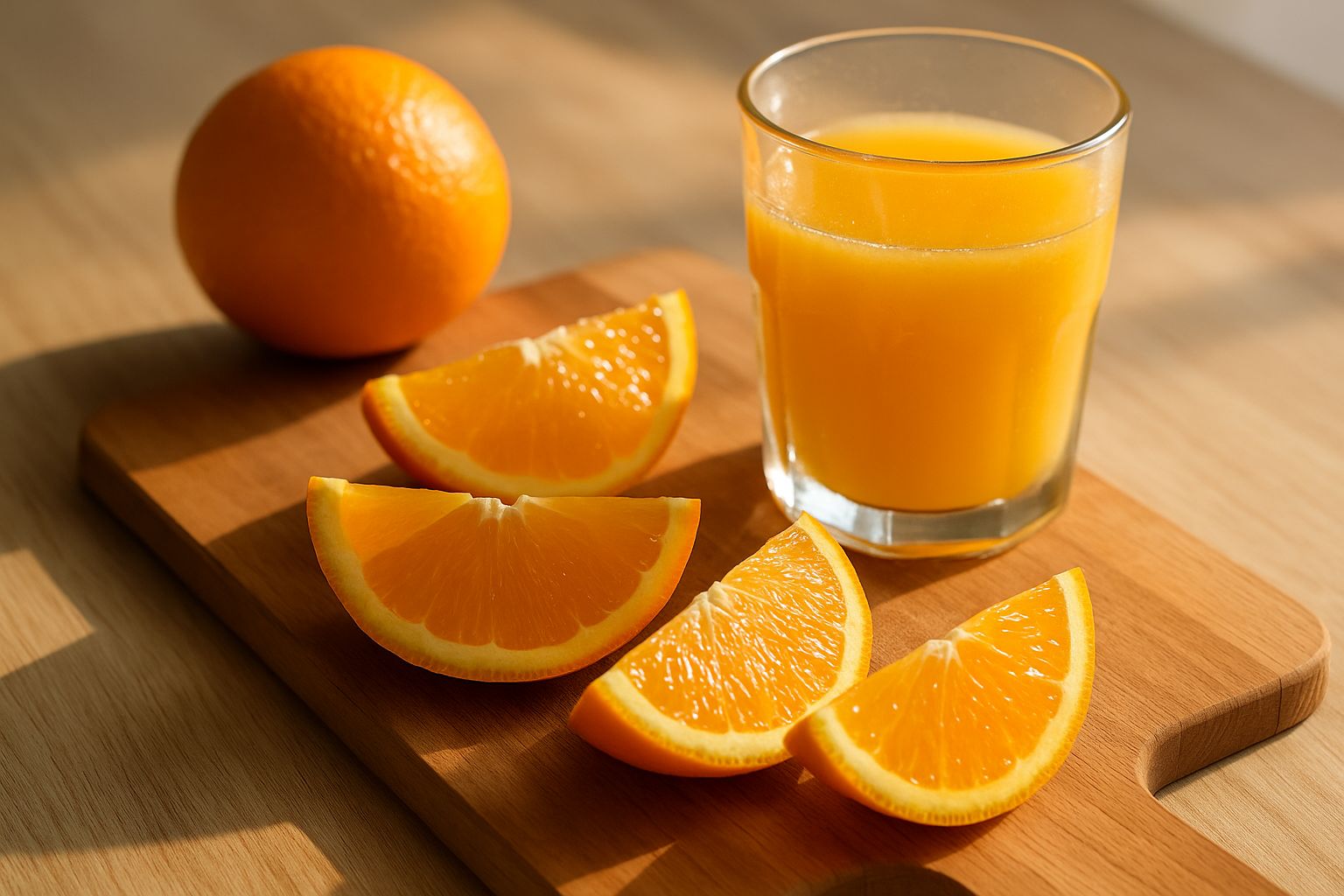 Quartiers d’orange frais et verre de jus sur une planche, lumière du matin.