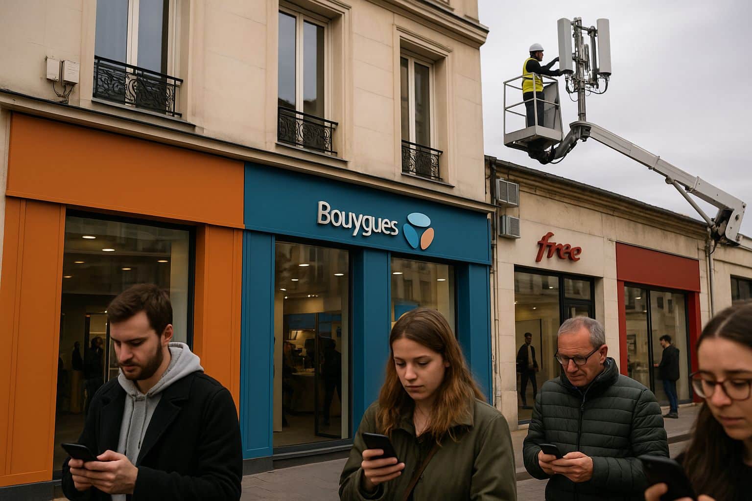 Passants absorbés par leur téléphone pendant qu’un technicien ajuste une antenne 5G sur une nacelle, devant des devantures d’opérateurs en ville.