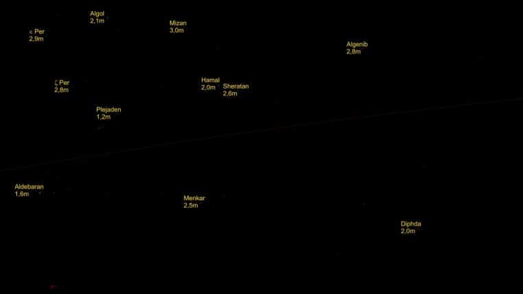 Version assombrie d’un ciel d’octobre montrant la zone allant du Taureau vers l’Ariete, ambiance nocturne propice aux contenus d’astrologie.