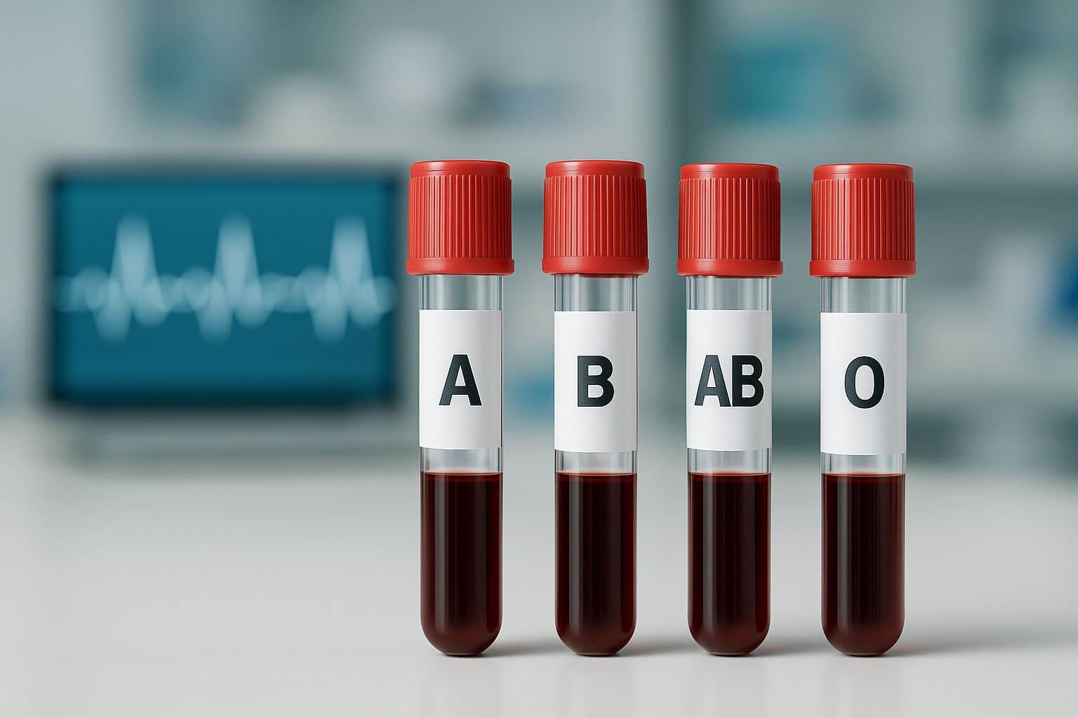 Tubes de prélèvement A, B, AB et O alignés sur une paillasse, avec un tracé ECG flou affiché sur un moniteur à l’arrière-plan.