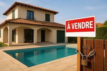 Villa méditerranéenne avec piscine et pancarte « À vendre » derrière un portail cadenassé