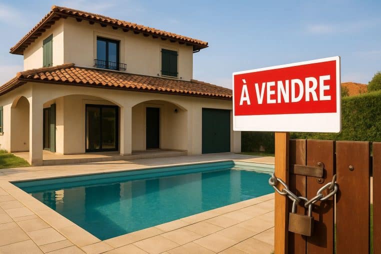 Villa méditerranéenne avec piscine et pancarte « À vendre » derrière un portail cadenassé