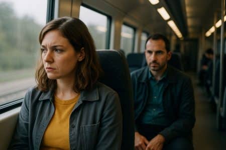 Intérieur d’un train en journée ; une femme assise près de la fenêtre détourne le regard, tandis qu’un homme flou en arrière-plan la fixe, atmosphère tendue et réaliste.