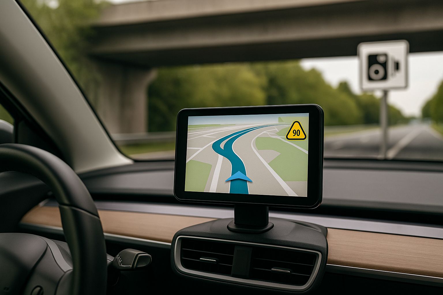 GPS installé sur le tableau de bord, approche d’un pont avec panneau de contrôle automatisé sur une voie rapide