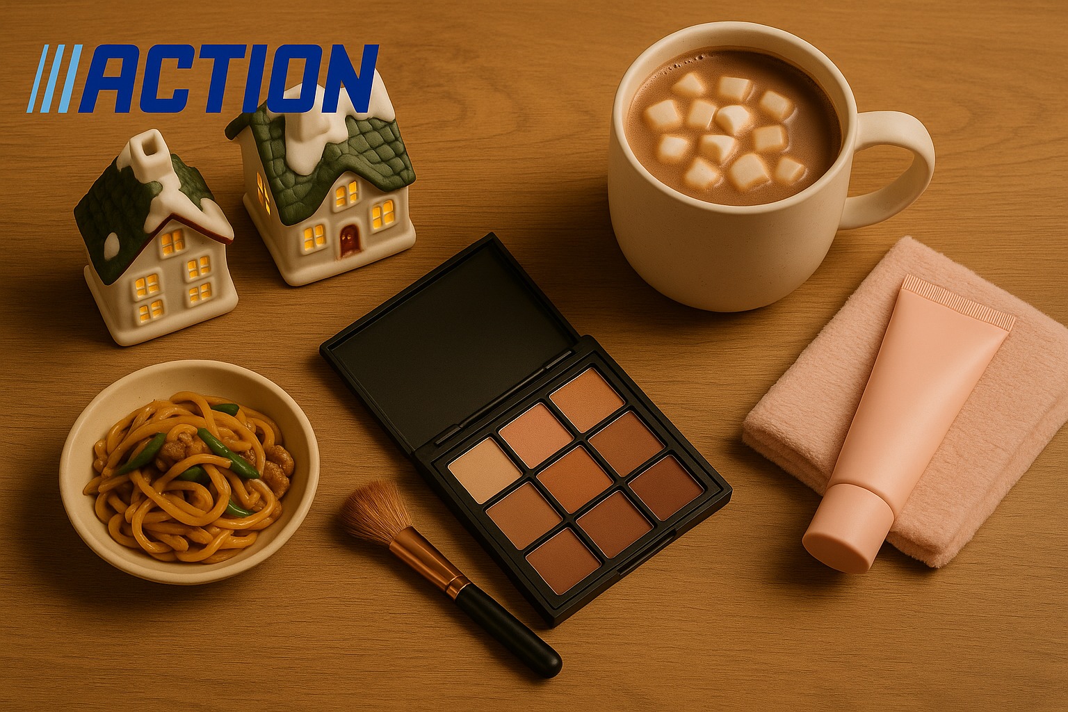 Plateau en bois avec maisonnettes de Noël éclairées, tasse de chocolat chaud, plat de nouilles, palette de maquillage et soin pour la routine du matin.