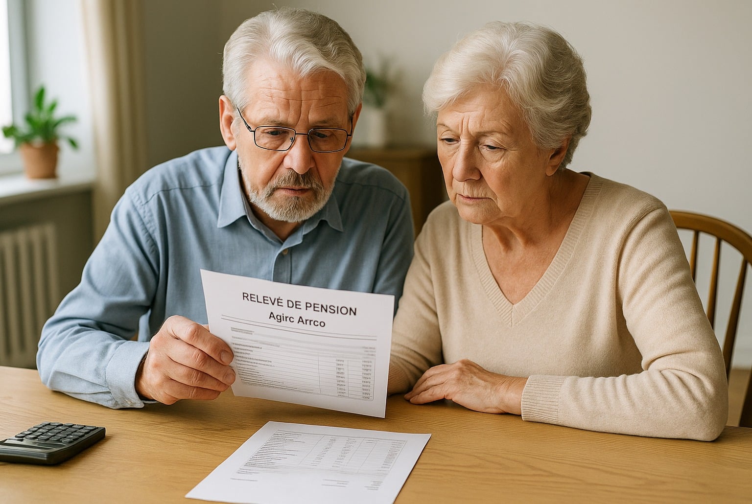 Couple de retraités à table examinant un relevé de pension Agirc-Arrco, lumière naturelle, cadrage horizontal net.