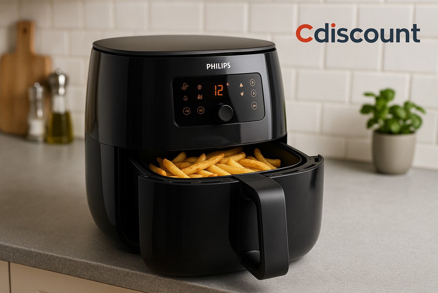 Airfryer Philips avec panier ouvert rempli de frites dorées, logo Cdiscount en haut, posé sur un plan de travail moderne.