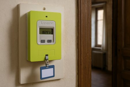 Compteur Linky vert installé dans une maison ancienne, écran affichant l’index, badge d’accès visible, lumière d’hiver en intérieur.