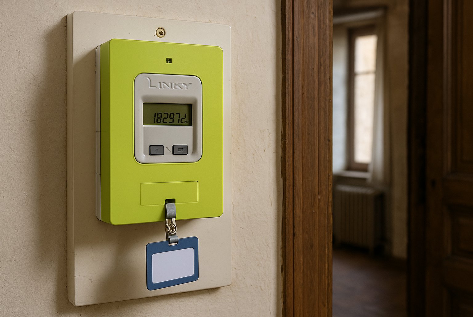 Compteur Linky vert installé dans une maison ancienne, écran affichant l’index, badge d’accès visible, lumière d’hiver en intérieur.