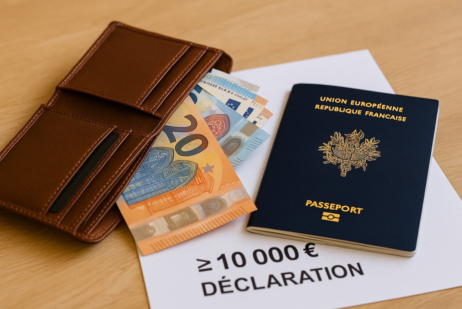 Portefeuille ouvert avec billets d’euros posé près d’un passeport français et d’un formulaire « ≥ 10 000 € – déclaration », en lumière naturelle.