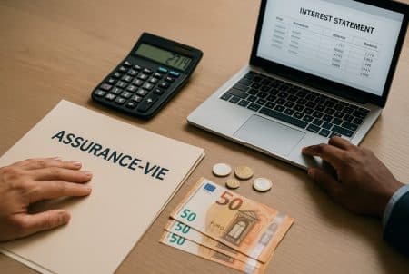 Dossier « ASSURANCE-VIE » sur un bureau avec calculatrice, relevé d’intérêts à l’écran, billets et pièces en euros, main pointant.