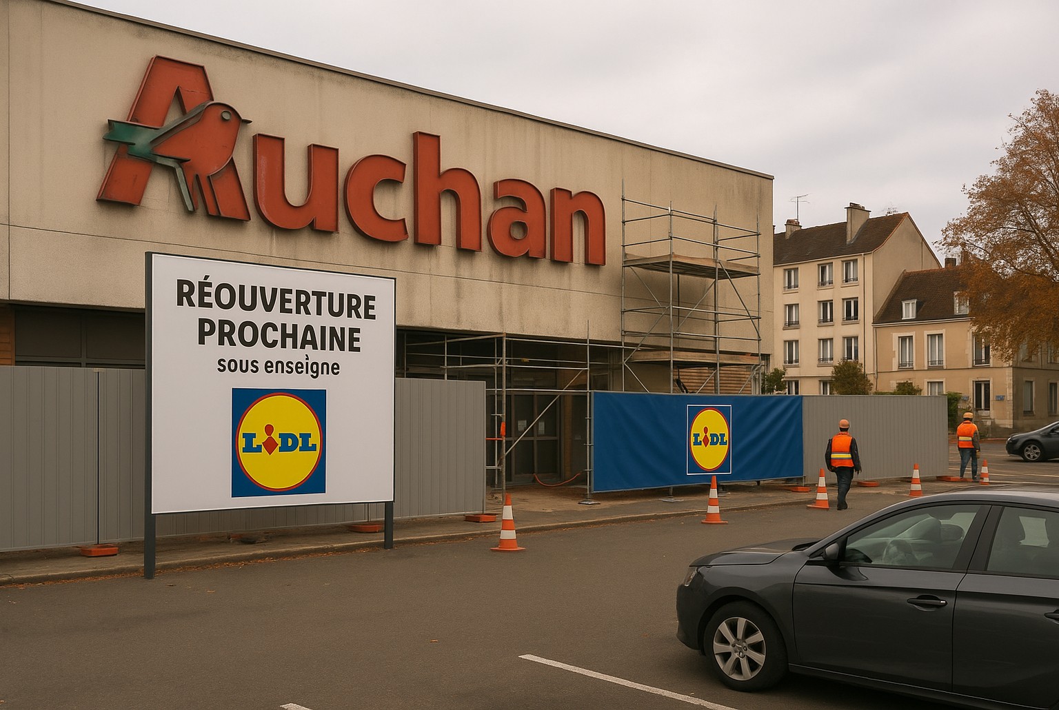 Façade d’un ancien magasin Auchan en travaux, palissades et panneaux Lidl visibles, scène urbaine en automne 2025.