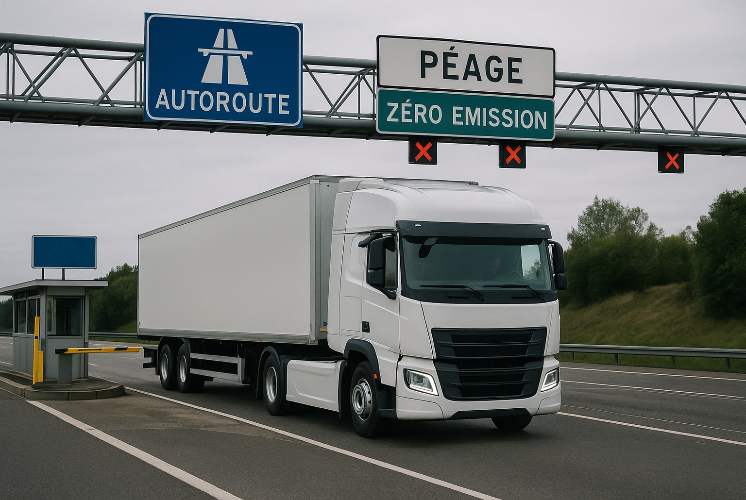 Camion électrique blanc franchissant un péage autoroutier ; voie « zéro émission » dédiée, panneaux « Autoroute » en surplomb.
