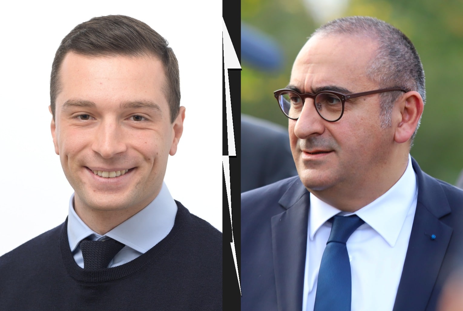 Portraits de Jordan Bardella et Laurent Nuñez, assemblés côte à côte en format horizontal, séparés par un éclair stylisé au centre sur fond sombre.