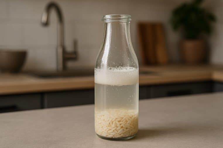 Bouteille avec riz cru et liquide vaisselle