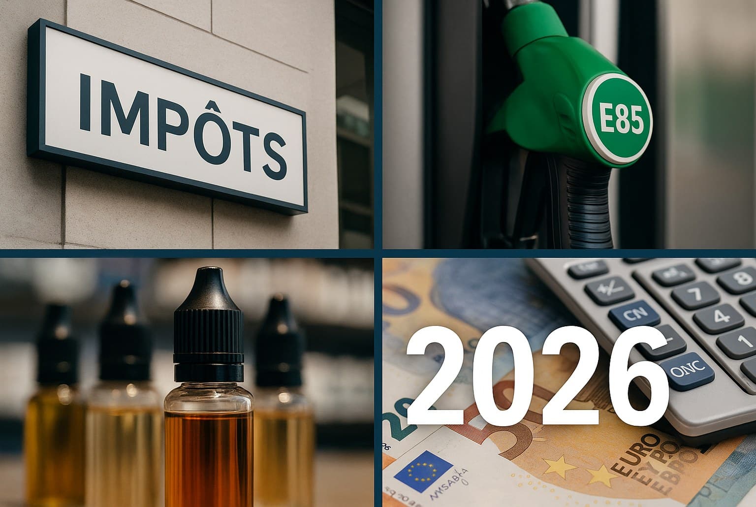 Vue montage : panneau « Impôts », pistolet E85, flacons d’e-liquides et billets en gros plan avec « 2026 », budget français.
