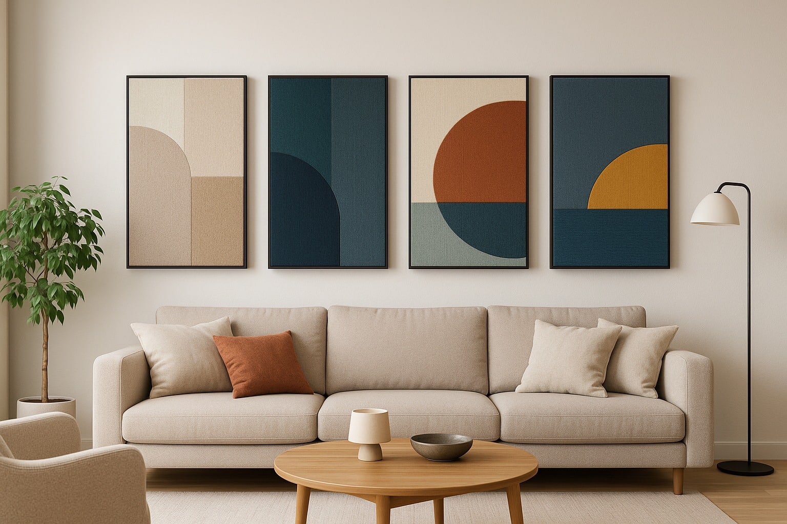 Salon minimaliste avec quatre panneaux muraux acoustiques géométriques au-dessus d’un canapé beige, table basse en bois et lampe sur pied.