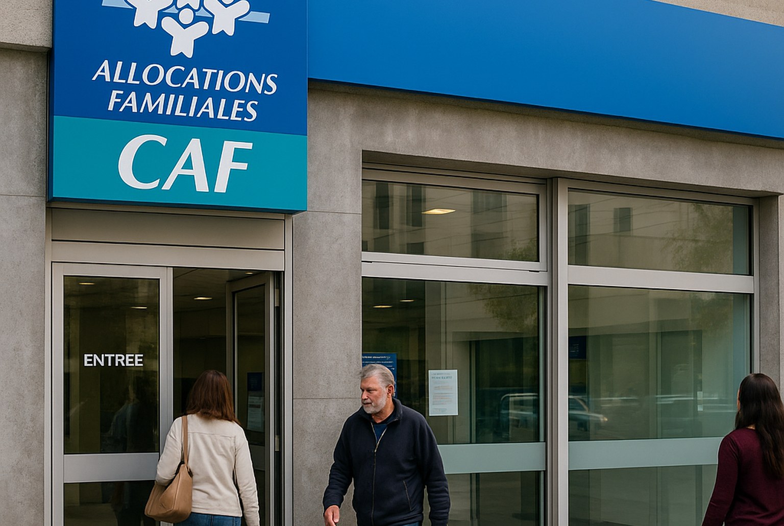 Entrée d’une agence de la CAF, enseigne bleue bien visible, usagers entrant et sortant, illustrant concrètement le lieu de traitement des aides sociales.