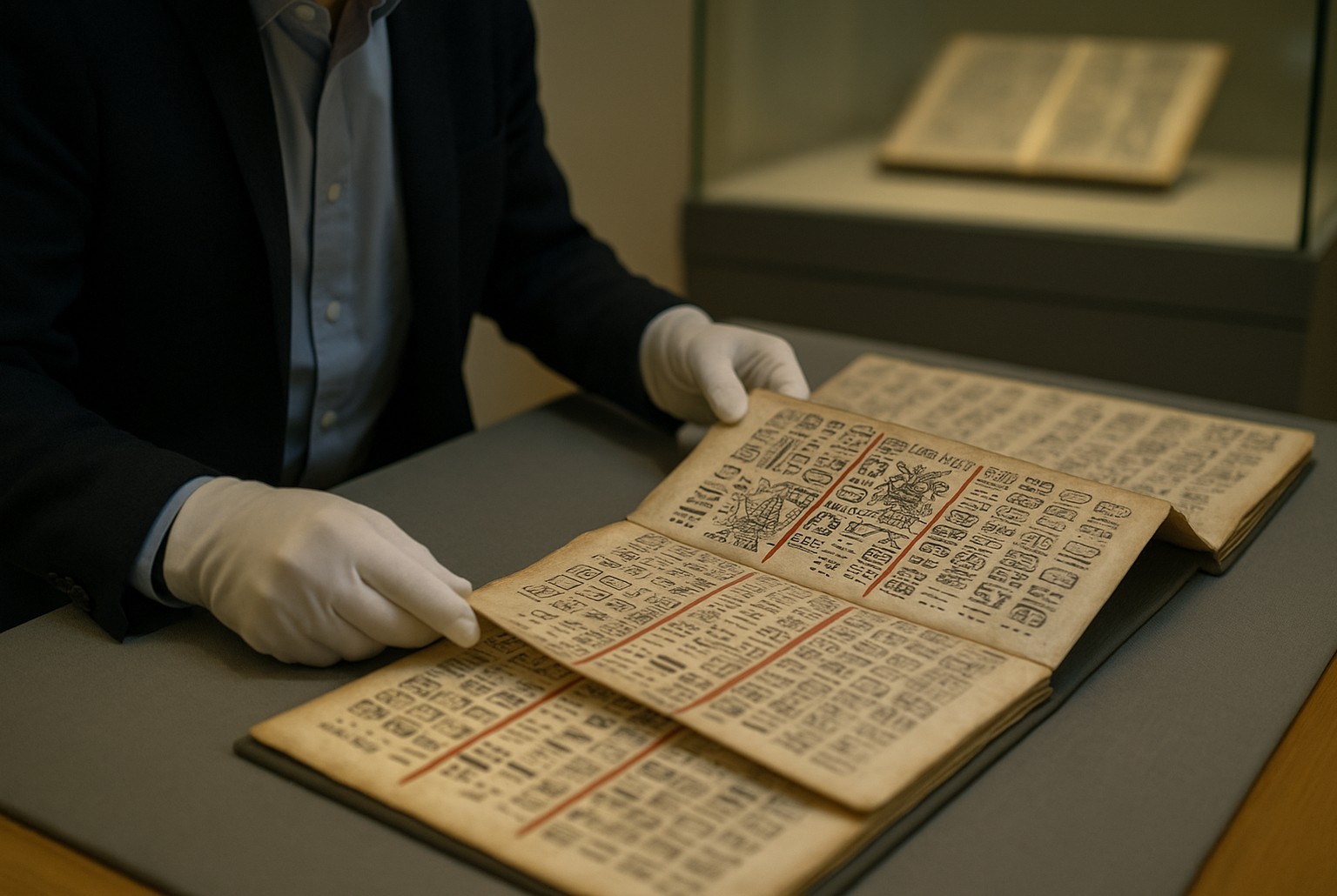 Fac-similé du codex de Dresde déplié, manipulé avec des gants, montrant clairement des tables d’éclipses mayas.