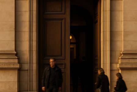 Entrée de la cour d’assises de Paris en fin d’audience, portes en bois ouvertes, silhouettes discrètes, ambiance institutionnelle, lumière d’automne.