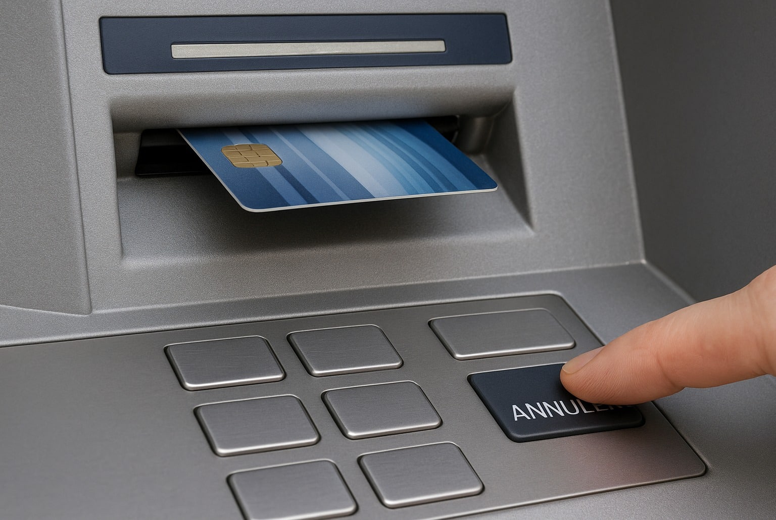 Gros plan d’un distributeur : carte coincée dans la fente tandis qu’un doigt appuie sur la touche « Annuler » pour la récupérer.