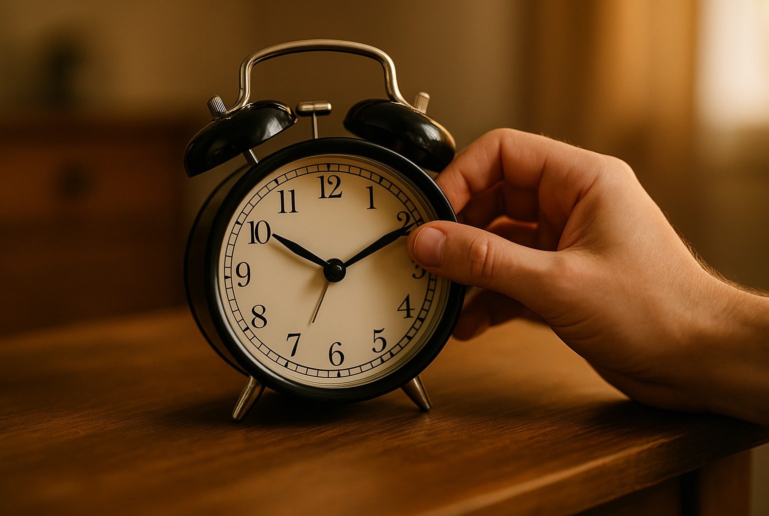 Main réglant un réveil mécanique noir sur une table en bois, lumière chaude d’intérieur, pour illustrer le passage à l’heure d’hiver 2025.