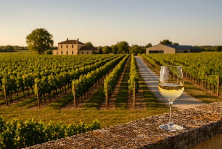 Vignoble du château de Sours au crépuscule, rangs de vignes alignés, verre de vin blanc sur un muret, chai moderne au loin.