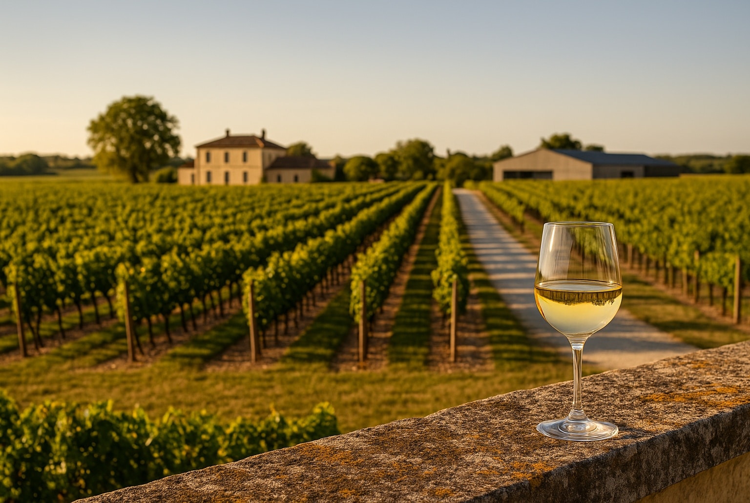 Vignoble du château de Sours au crépuscule, rangs de vignes alignés, verre de vin blanc sur un muret, chai moderne au loin.