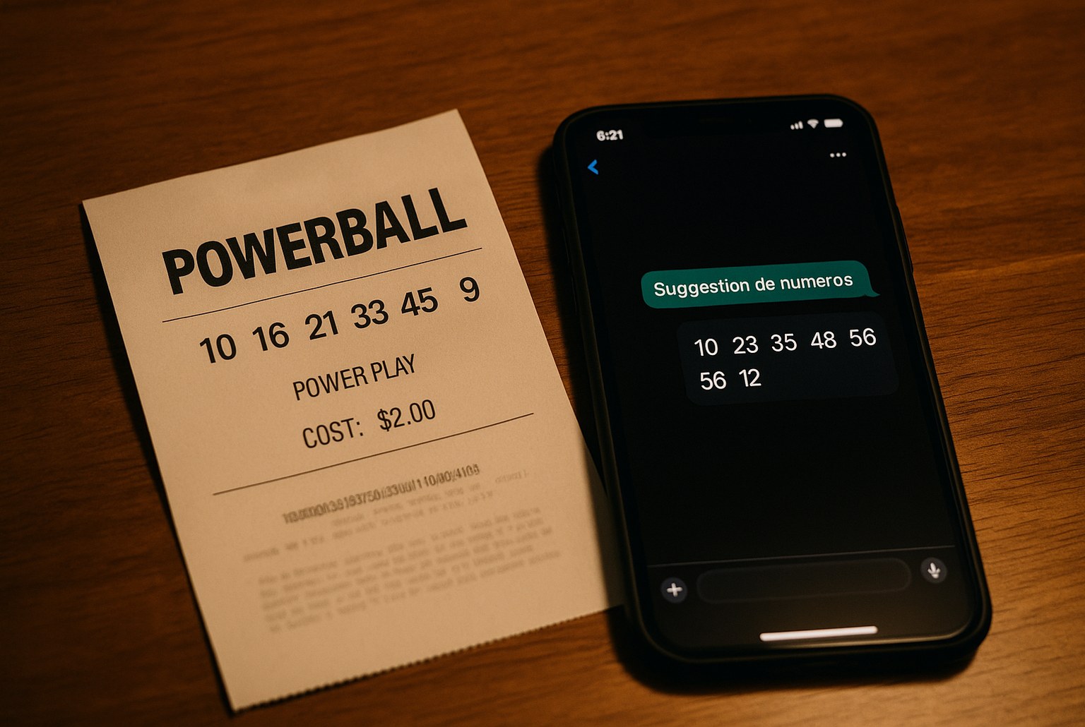 Ticket Powerball sur table, à côté d’un smartphone affichant « Suggestion de numéros », éclairage chaleureux en soirée.