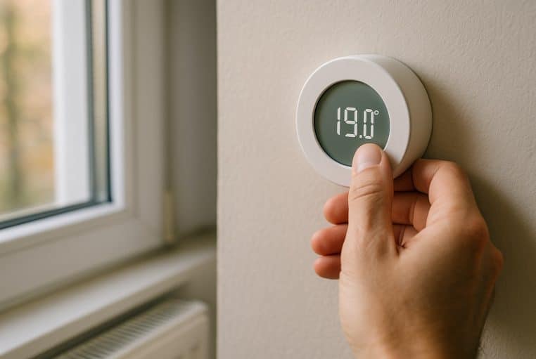 Main réglant un thermostat domestique à 19 °C, avec radiateur dégagé et fenêtre calfeutrée en arrière-plan, ambiance d’automne.