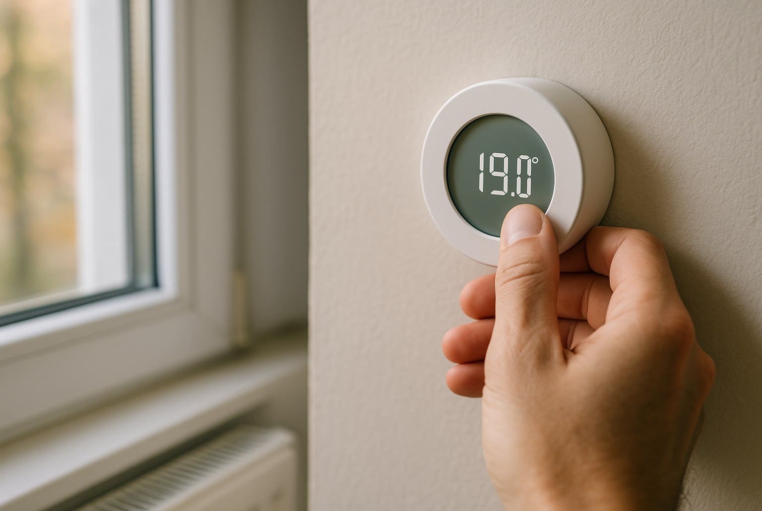 Main réglant un thermostat domestique à 19 °C, avec radiateur dégagé et fenêtre calfeutrée en arrière-plan, ambiance d’automne.