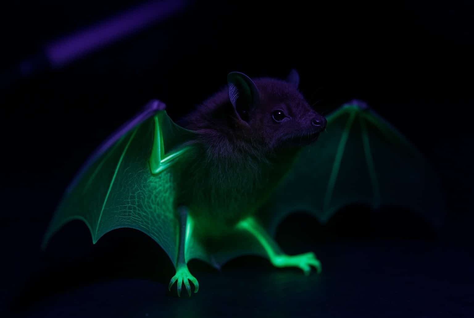 Chauve-souris nord-américaine sous lumière UV, lueur vert émeraude sur les membranes alaires et les pattes, fond sombre.