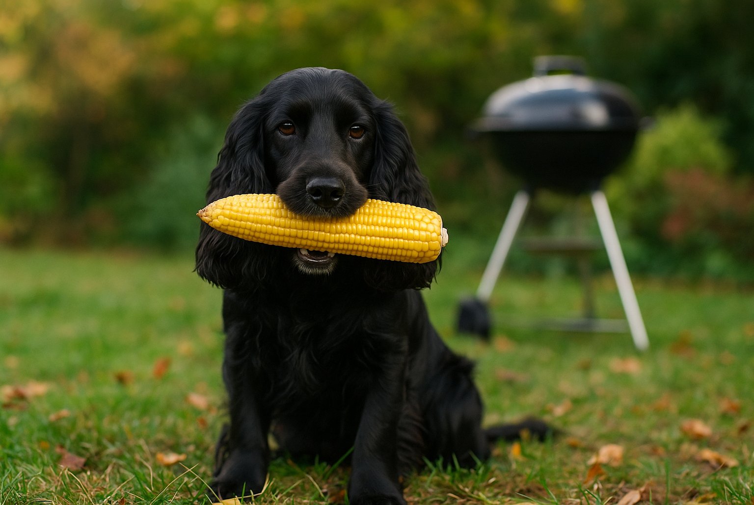 Cocker anglais noir assis sur une pelouse d’automne, tenant un épi de maïs entier, barbecue flouté en arrière-plan.