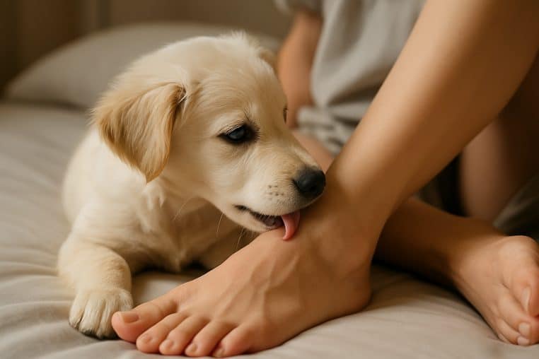 Chien lèche pieds