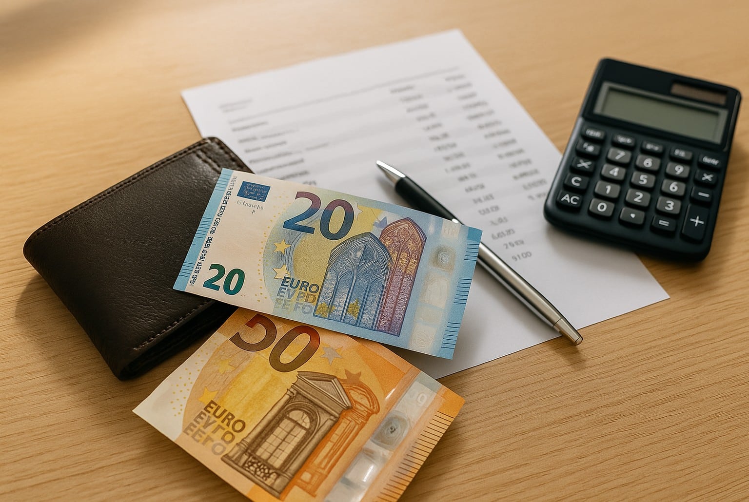 Portefeuille ouvert, billets de 20 et 50 €, calculatrice et relevé flouté sur table claire, illustrant un budget de foyer.