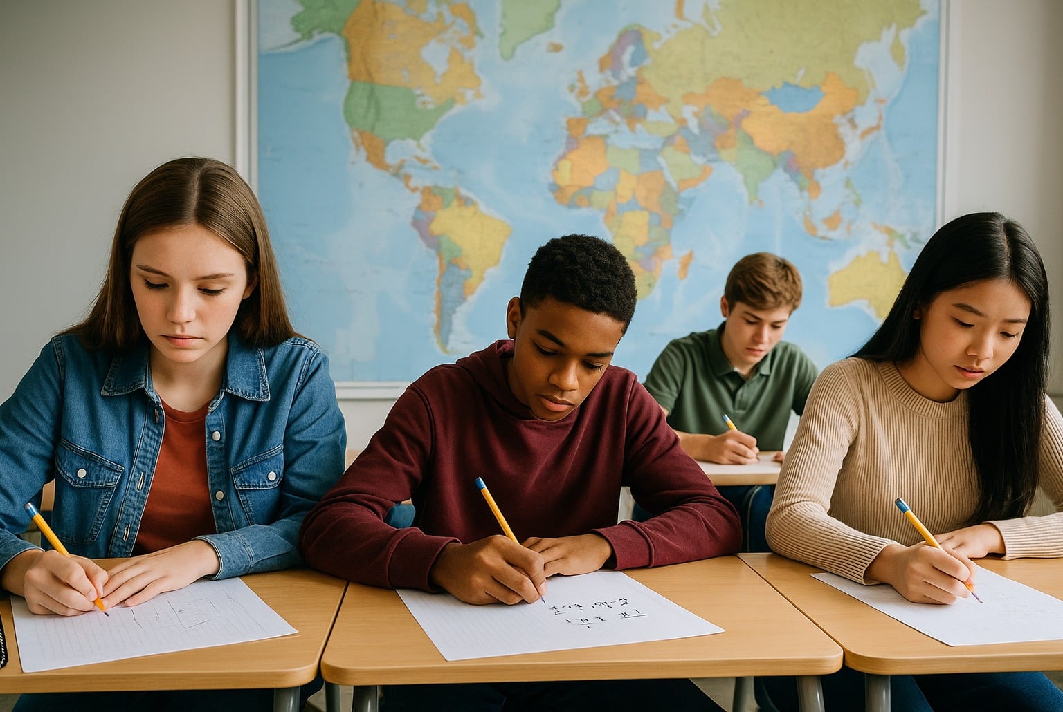 Élèves de 15 ans concentrés sur un exercice de mathématiques, en classe moderne, devant une grande carte du monde au mur.