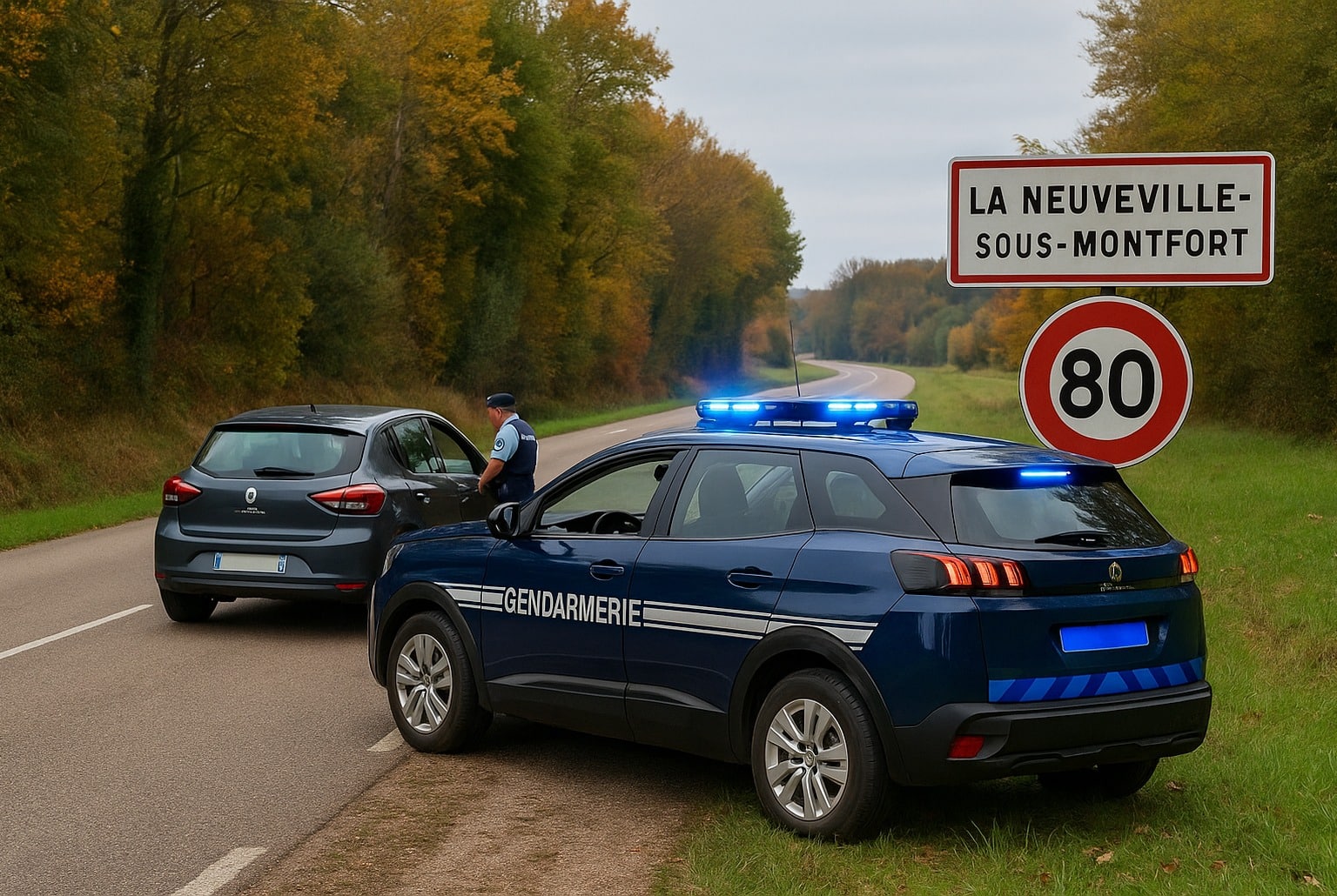 Contrôle routier de la gendarmerie sur une départementale à 80 km/h à La Neuveville-sous-Montfort, automne, feux bleus allumés.