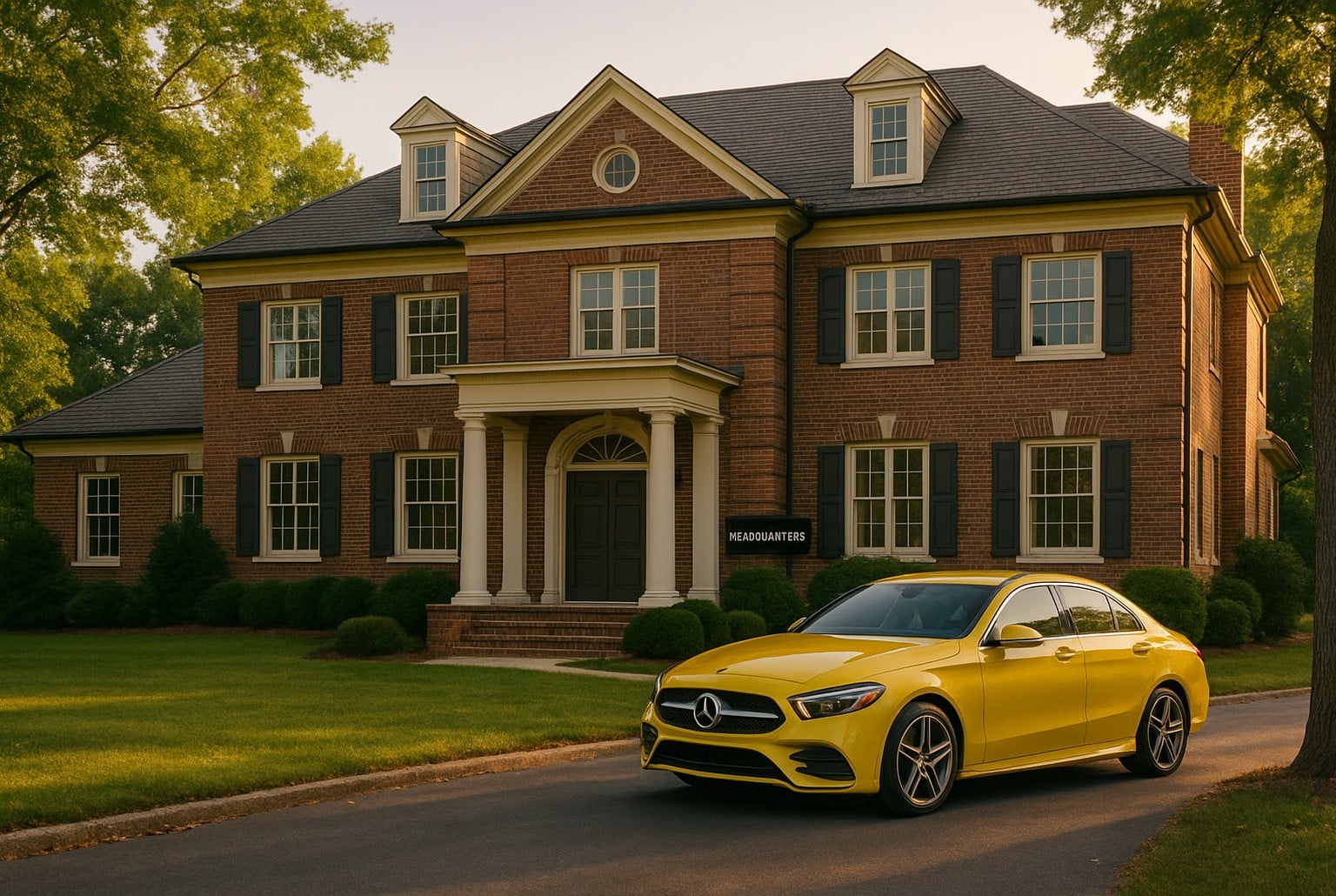 Façade d’un manoir américain en briques déclaré siège d’une association, berline jaune garée devant au soleil déclinant.
