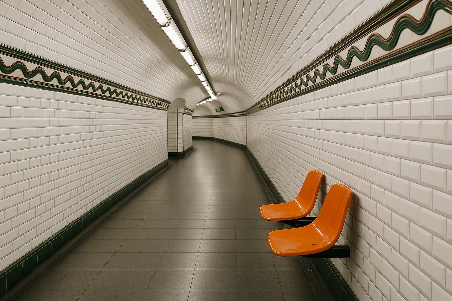Couloir du métro parisien vide, murs en carrelage blanc biseauté avec frise verte et brune, deux sièges orange, éclairage néon.