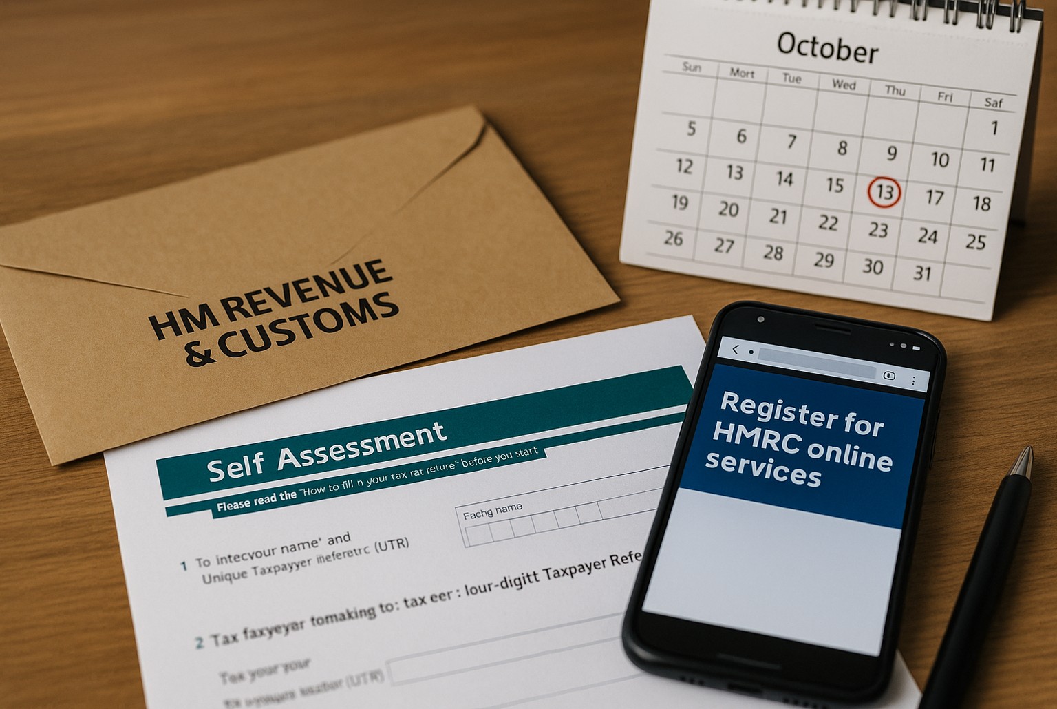 Bureau avec courrier HMRC, formulaire de déclaration et smartphone pour l’inscription en ligne, calendrier d’automne au jour entouré.