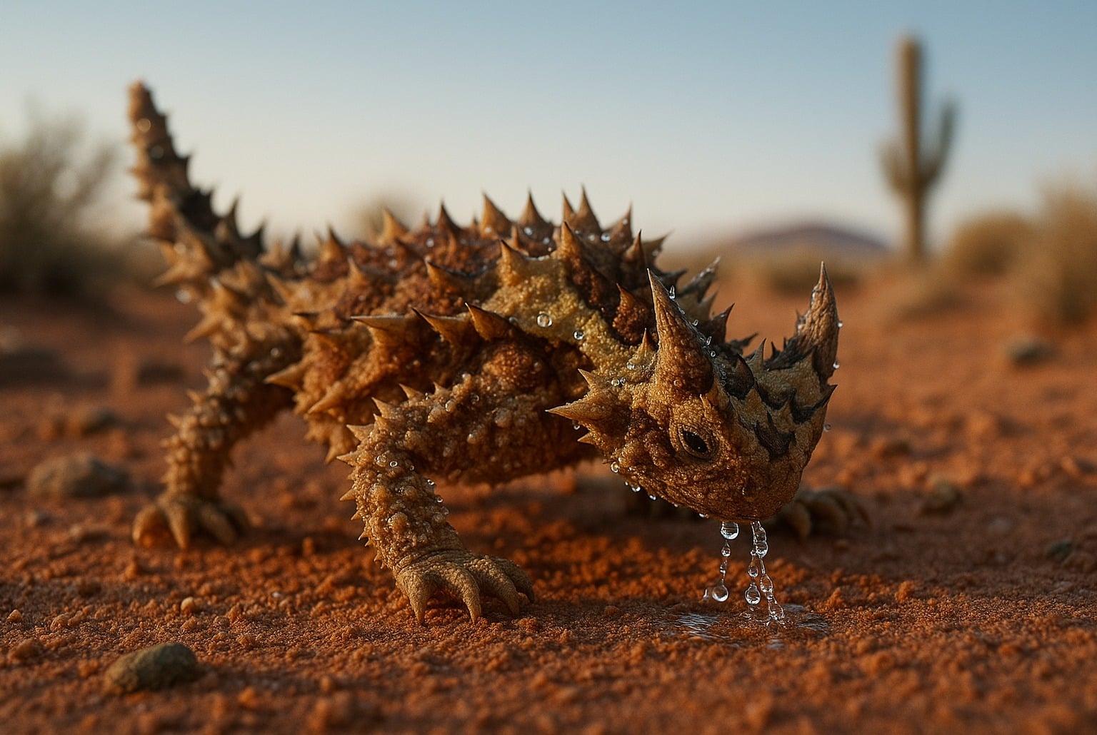 Gros plan d’un moloch dans le désert, gouttes d’eau remontant par capillarité le long des pattes jusqu’à la bouche, à l’aube.