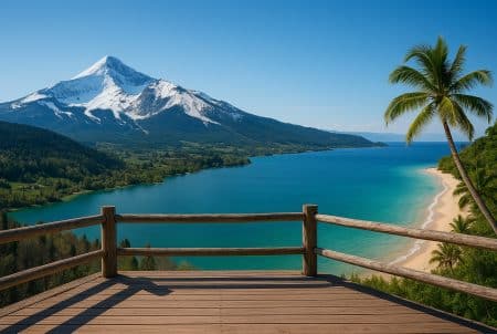 Panorama mêlant montagne enneigée et plage tropicale, vue depuis une terrasse en bois, symbolisant les destinations tendance 2026 nature et soleil.