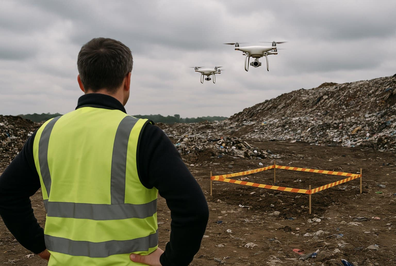 Ingénieur en gilet réfléchissant observant une décharge pendant que deux drones survolent une zone balisée à la recherche d’un disque dur perdu.