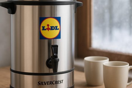 Distributeur de boissons chaudes en acier avec logo Lidl et marque SilverCrest, sur buffet en bois, ambiance hivernale.