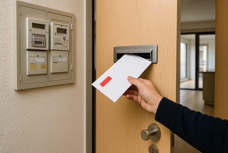 Main glissant une enveloppe blanche dans une fente de porte près d’un coffret de compteurs électriques, intérieur d’appartement lumineux.