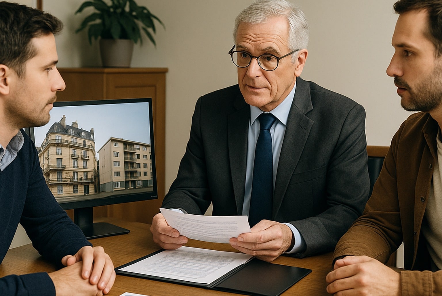 Notaire présentant un document à deux frères, avec photos d’immeubles (Paris et banlieue) sur le bureau, scène réaliste en rendez-vous.